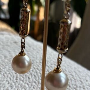 Vintage Runway style hanging faux pearl with gold tone filagree earrings